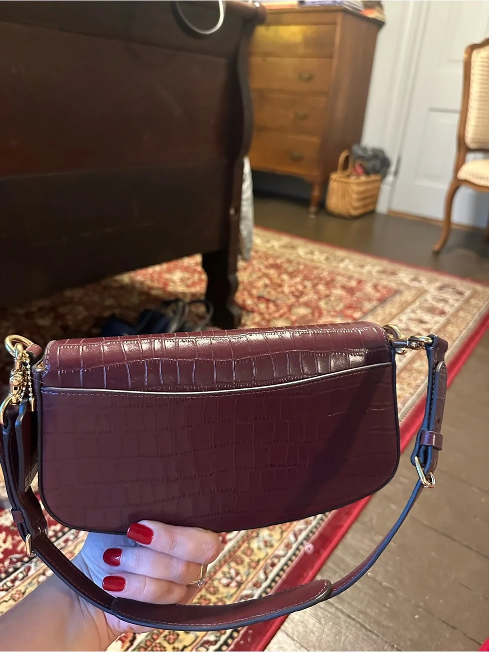 Coach Burgundy Croc-Embossed Leather Crossbody with Gold Hardware